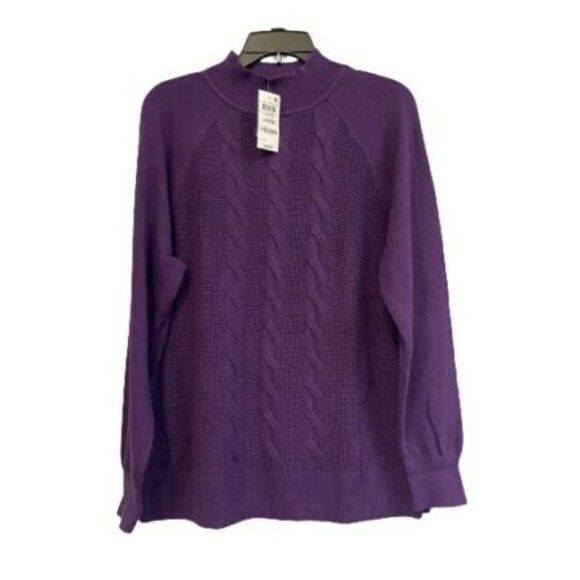 Karen Scott Cotton Cable-Knit Mock-Neck Sweater Purple Dynasty PP - Picture 2 of 3
